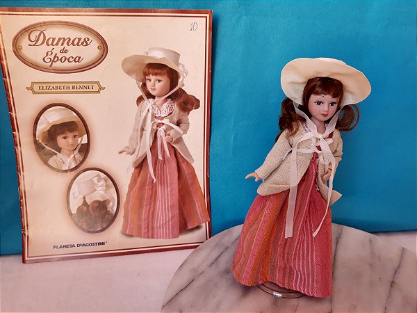 Boneca de porcelana articulada, Elizabeth Bennett , coleção damas de época de Agostini 20 cm
