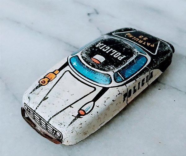 Anos 70 mini carro de lata polícia patrulha 33 Metalma 5 cm