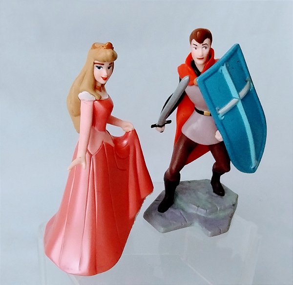 Miniatura Disney Aurora vestido.acetinafo e príncipe Phillip de A Bela adormecida, 10 e 11 cm de altura