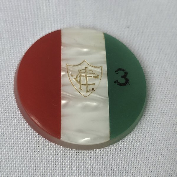 Futebol de botão antigo Fluminense 3 faixas, centro de madrepérola 3,8 cm, numero 3 ,usado