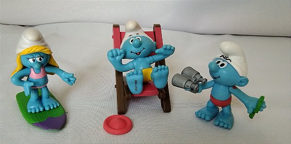 Trio de smurfs na praia, 5 e 5,5 cm Peyo/Jakks 2009, usados