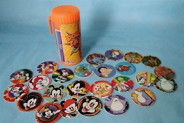 Porta tazo com 25 tazos Elma chips incluindo 11 Animaniacs, alguns holográficos Maskara
