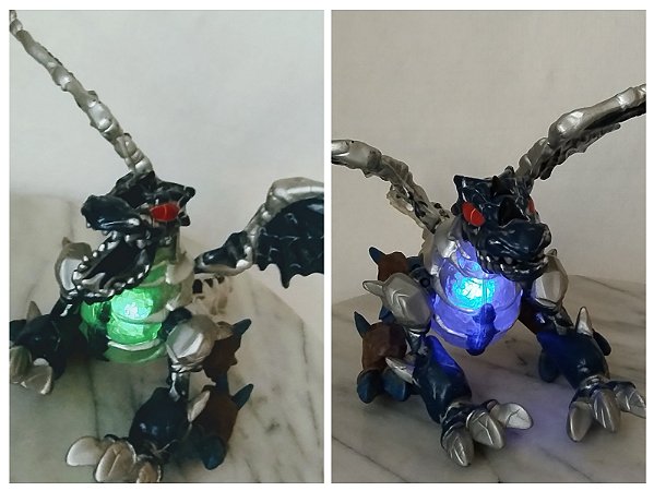 De 2005, Mega bloks #9825 dragão com luzes 2 cores serie Fire &i ce Krystal wars, 21 cm, pernas trazeiras substituidas