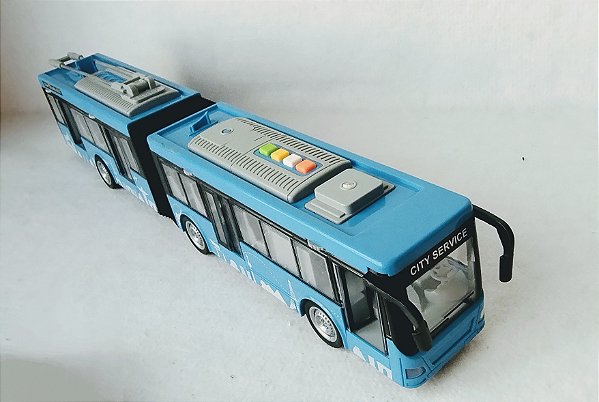 Onibus de plástico com extensão/ dupla seção, City Service , de fricção, luz e som, marca Wenyi, 44 cm de comprimento
