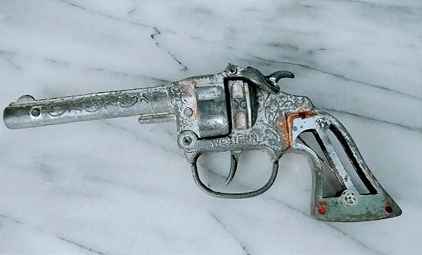 Para restauro,  brinquedo revólver de espoleta Western de metal da Estrela anos 90, 18 cm