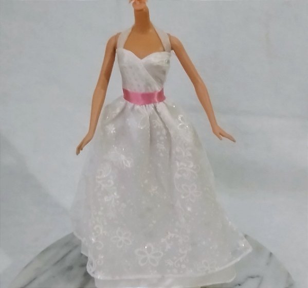 Vestido de noiva faixa rosa na cintura da Barbie Mattel