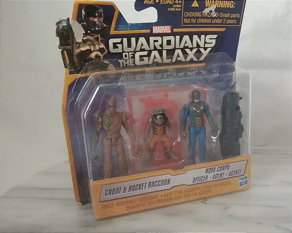 Figuras articuladas da Marvel Guardiões da Galaxia; Groot 7 cm, Rocket 5,5 cm e Agente da Nova Corps 6 cm, novo, lacrado, Hasbro