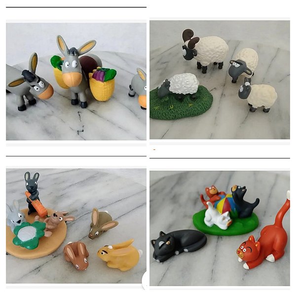 Miniaturas animais de fazenda coleção de Agostini 2014; familia de 3 burrinhos, colonia de coelhos, 4 carneiros , gatos adultos e filhotes: e família de cachorros