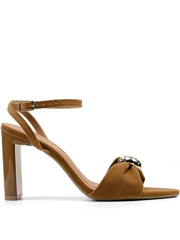 Sandália Caramelo Boho Ayla Salto Tábua Bico Folha