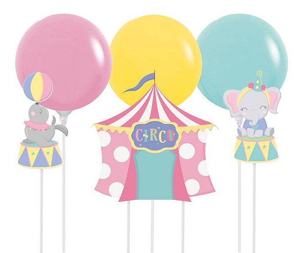 Kit Topo de Bolo com Balão Festa Circo Rosa - 01 kit - Cromus - Rizzo Embalagens