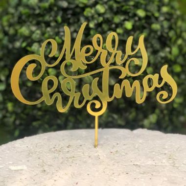 Topo de Bolo Natal Merry Christmas Espelhado Dourado Sonho Fino Rizzo Confeitaria