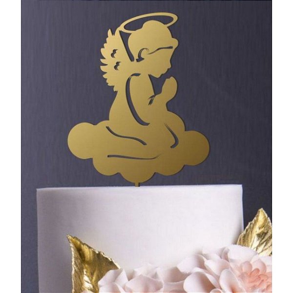 Topo de Bolo Anjo Dourado Metalizado Sonho Fino Rizzo Confeitaria