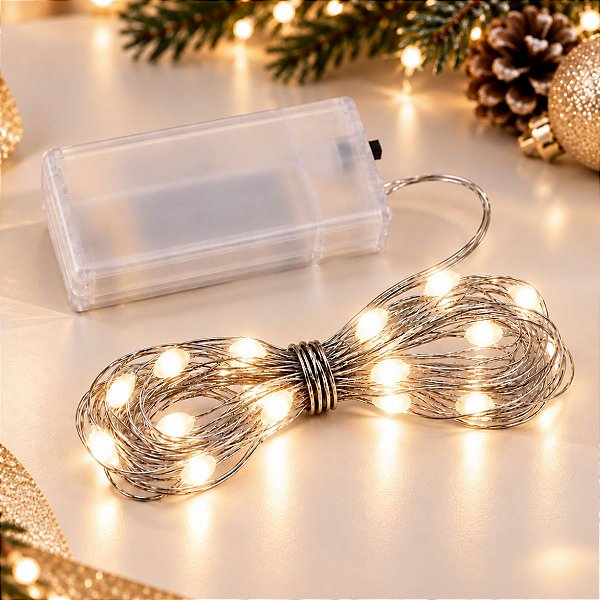 Cordão de LED Fio de Fada - Branco Quente - 2m - Uso com 2 Pilhas AA - 1 unidade - Rizzo