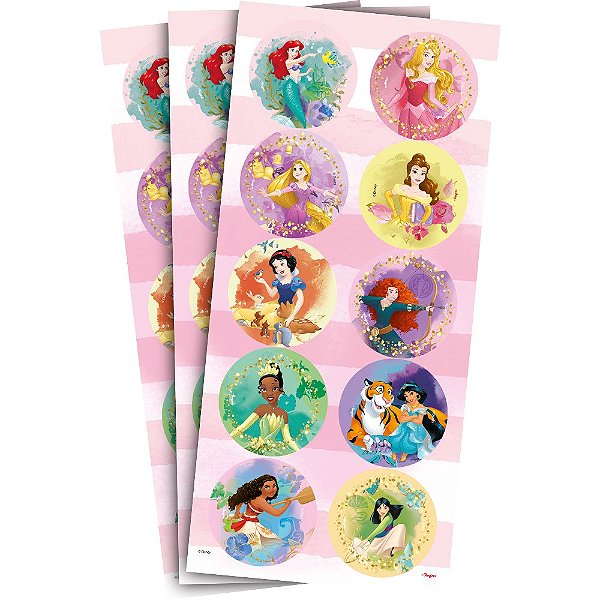 Adesivo Redondo Decorativo - Princesas Disney - 30 unidades - Regina - Rizzo Embalagens