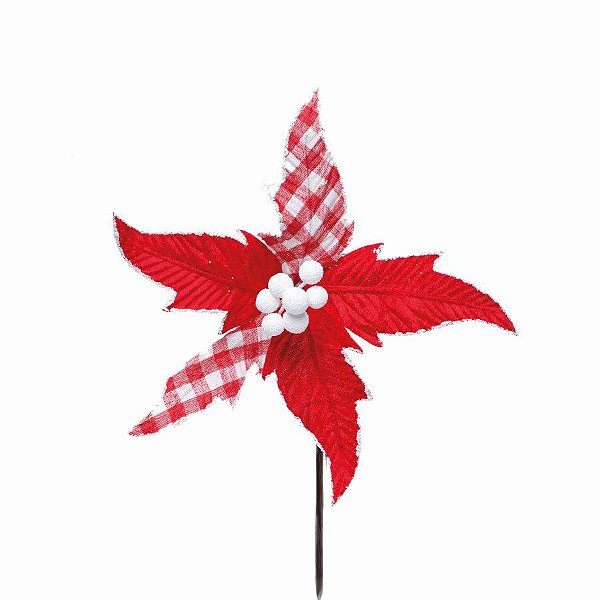 Flor Cabo Curto Poinsettia Xadrez Vermelho com Branco 20cm - 01 unidade - Cromus Natal - Rizzo
