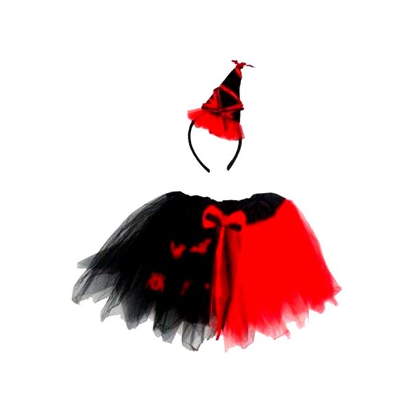 Kit Fantasia Bruxinha - Saia Tule e Tiara com aplique - Vermelho/Preto - Infantil  - 01 unidade - Rizzo