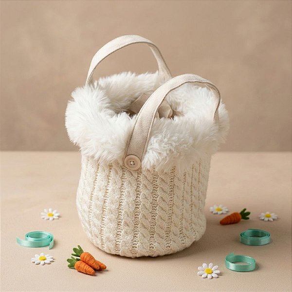 Cesto Crochê com Alça e Borda Pelúcia - Marfim/Branco - 01 unidade - Cromus - Rizzo