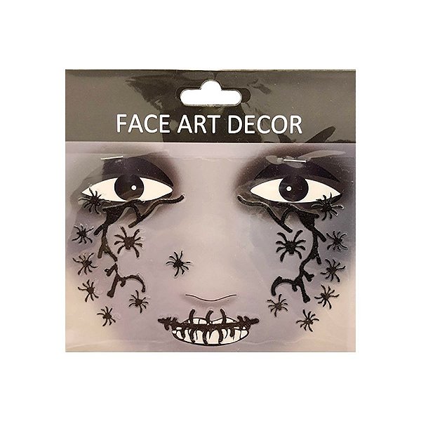 Adesivo Facial Halloween - Face Art Decor - Teias e Aranhas mod.2 - Preto - 01 unidade - Rizzo Embalagens