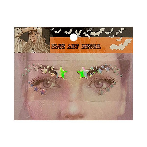 Adesivo Facial Halloween - Face Art Decor - Estrelas - Prata - 01 unidade - Rizzo Embalagens