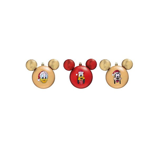 Kit Bolas Pateta, Pluto e Donald Vermelho e Dourado 6cm - 06 unidades Natal Disney - Cromus - Rizzo Embalagens
