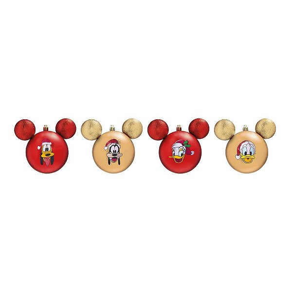 Kit Bolas Pateta, Pluto e Donald Vermelho e Dourado 8cm - 04 unidades Natal Disney - Cromus - Rizzo Embalagens