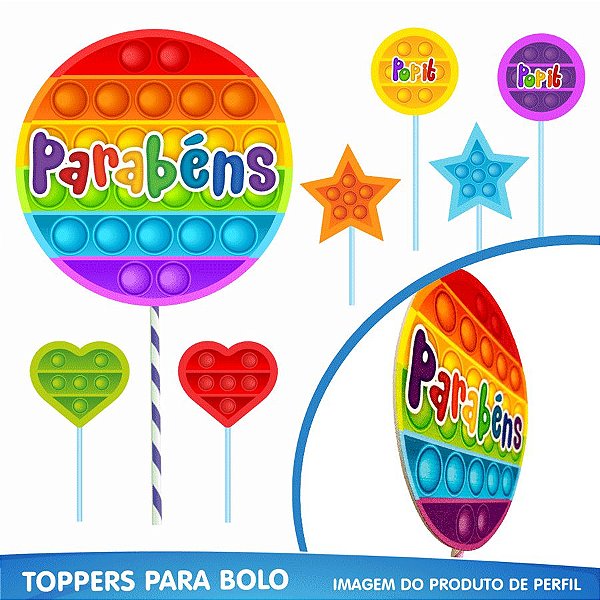 Toppers para Bolo Festa Pop It - 07pçs - 01 Unidade - Piffer - Rizzo Embalagens