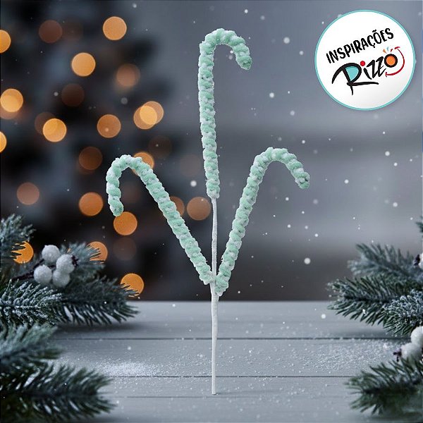 Pick Decorativo - 3 Canes Bengalinha Pelúcia Trend Rainbow - Verde Candy - 01 unidade - Cromus Natal - Rizzo