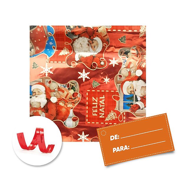 Kit Saco para Presente + Fecho de Natal Feliz Natal Tradicional 20cm x 29cm 01 Unidade Cromus Rizzo Embalagens