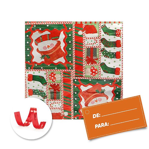 Kit Saco para Presente + Fecho de Natal + Papai Noel e Arvore 20cm x 29cm 01 Unidade Cromus Rizzo Embalagens