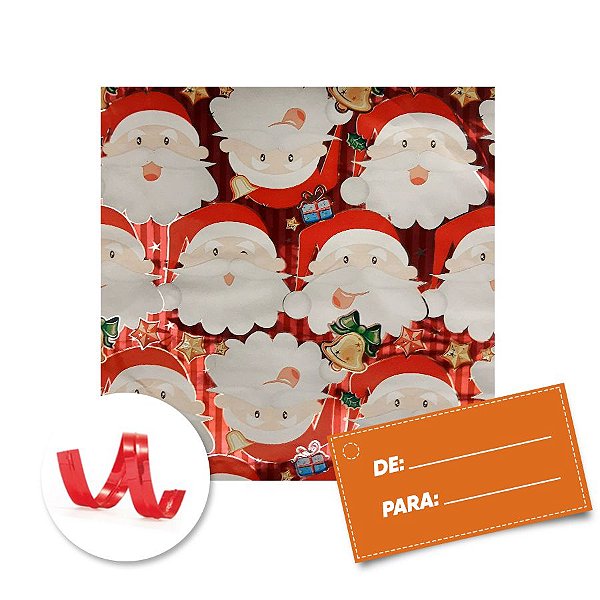 Kit Saco para Presente + Fecho de Natal + Papai Noel Fundo Vermelho 20cm x 29cm 01 Unidade Cromus Rizzo Embalagens