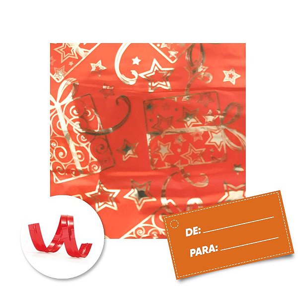 Kit Saco para Presente + Fecho de Natal + Presente Vermelho 20cm x 29cm 01 Unidade Cromus Rizzo Embalagens