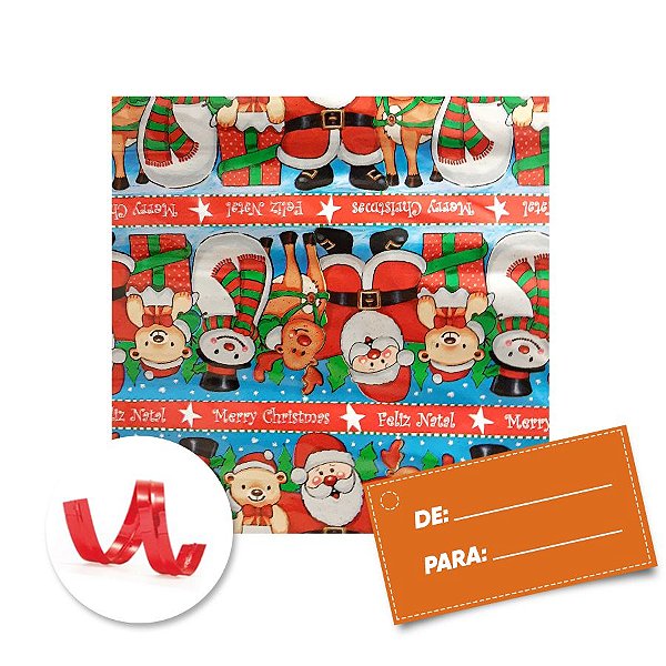 Kit Saco para Presente + Fecho de Natal + Feliz Natal Papai Noel e Rena 20cm x 29cm 01 Unidade Cromus Rizzo Embalagens