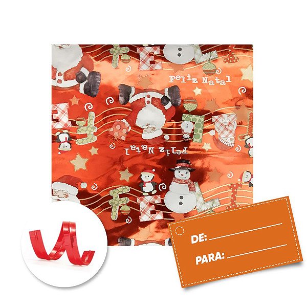 Kit Saco para Presente + Fecho de Natal + Feliz Natal Vermelho 20cm x 29cm 01 Unidade Cromus Rizzo Embalagens