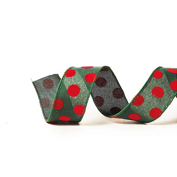 Fita Decorativa Natal Juta Lisa - Verde Poá Vermelho - 6,3x914cm - 1 UN - Cromus - Rizzo