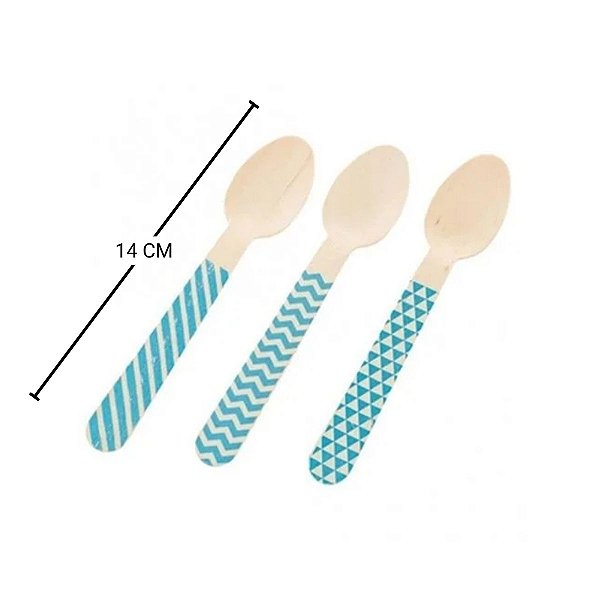 Pacote Colher Madeira - Chevron Azul - 14cm - 10 unidades - Rizzo