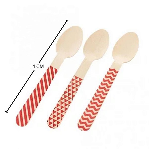 Pacote Colher Madeira - Chevron Vermelho - 14cm - 10 unidades - Rizzo
