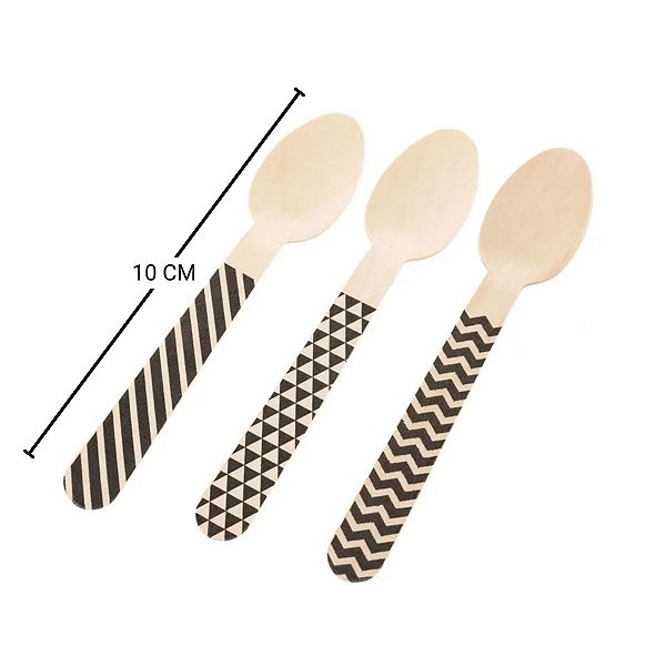 Pacote Colher Madeira - Chevron Preto - 10cm - 10 unidades - Rizzo