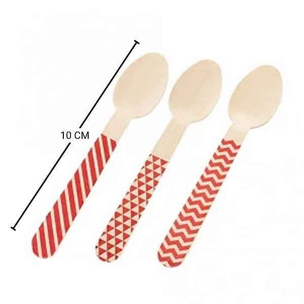 Pacote Colher Madeira - Chevron Vermelho - 10cm - 10 unidades - Rizzo