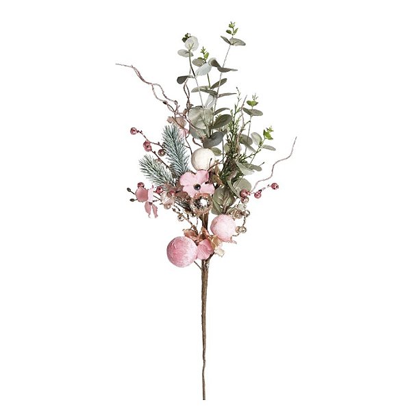Galho com Folhas e Flores - Rosa Candy - 01 unidade - Cromus Natal - Rizzo Embalagens