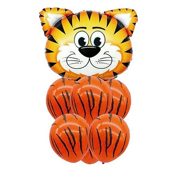 Buque de Balões Animal Print 24"- Tigre - 01 Balão Metalizado + 6 Balões Látex - Partiufesta - Rizzo Embalagens
