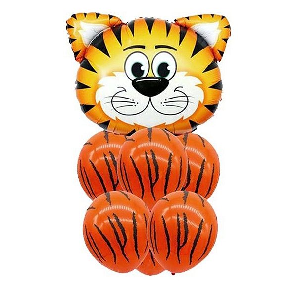 Buque de Balões Animal Print 24"- Tigre - 01 Balão Metalizado + 6 Balões Látex - Partiufesta - Rizzo