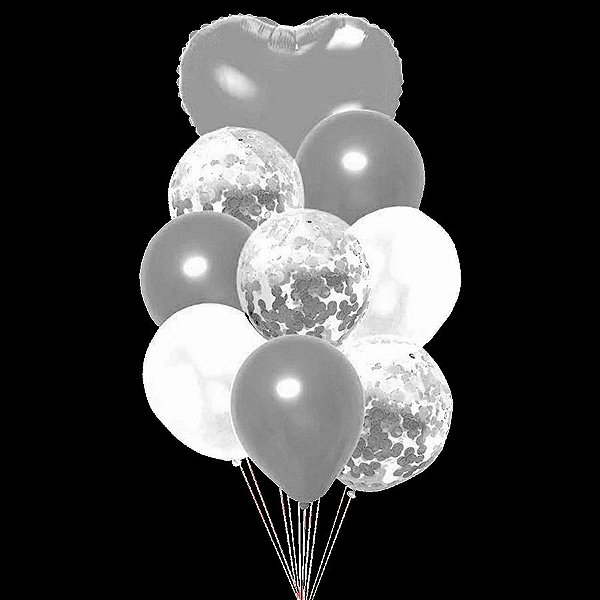 Kit Buque Balões Prata Coração - Buque com 9 Balões - Partiufesta - Rizzo Embalagens
