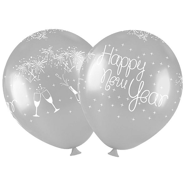 Balão de Festa Redondo Profissional Látex Decorado 11" 28cm - Happy New Year - 25 Unidades - Art-Latex