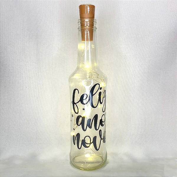 Garrafa Long Neck de Vidro com Rolha Led Feliz Ano Novo - 01 Unidade - Rizzo