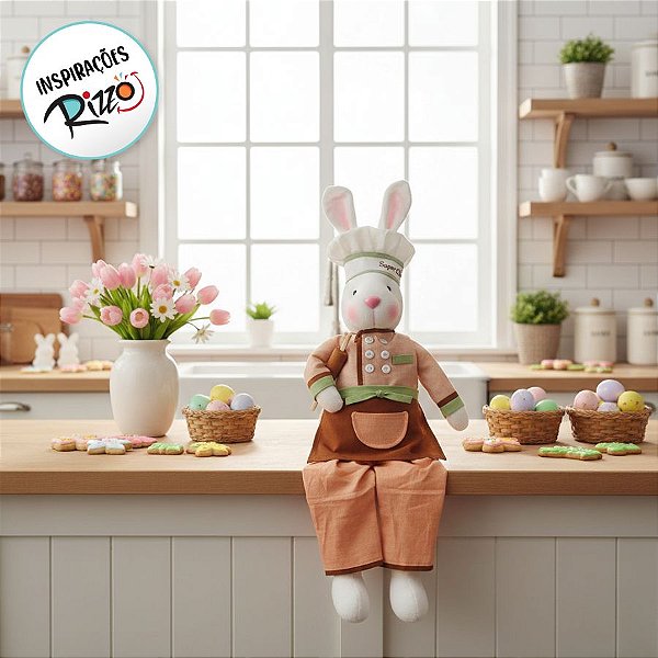 Boneco de Páscoa - Coelho Super Chef com Rolo de Massa - Sentado - 01 UN - Cromus - Rizzo