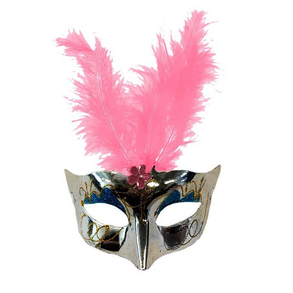 Máscara de Carnaval com Plumas Sortidas Mod 6801 - Prata - 01 unidade - Rizzo