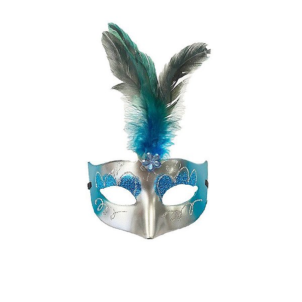 Máscara de Carnaval com Plumas Sortidas Mod 6830 - Azul/Prata - 01 unidade - Rizzo