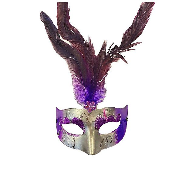 Máscara de Carnaval com Plumas Sortidas Mod 6830 - Prata/Roxo - 01 unidade - Rizzo