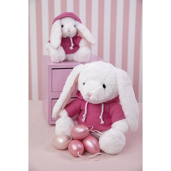 Coelho Pelúcia com Blusa Moletom Capuz - Rosa - 15cm - 01 unidade - Cromus Páscoa - Rizzo