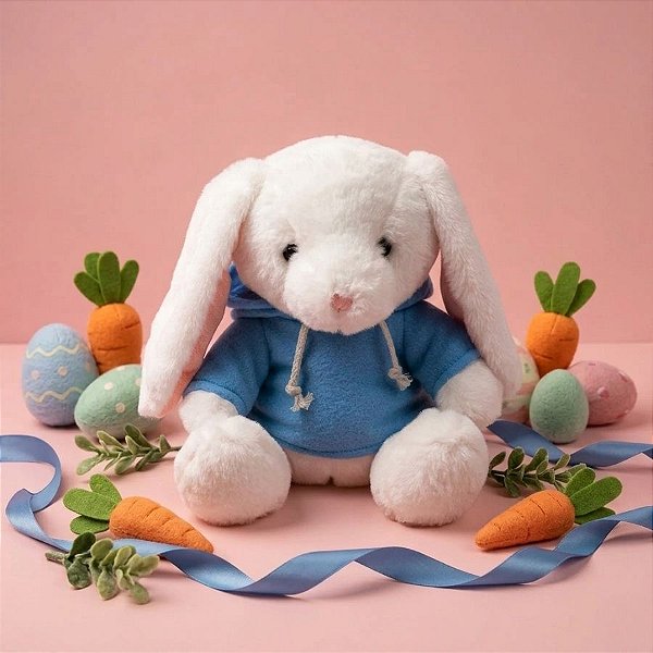 Coelho Pelúcia com Blusa Moletom Capuz - Azul - 20cm - 01 unidade - Cromus Páscoa - Rizzo